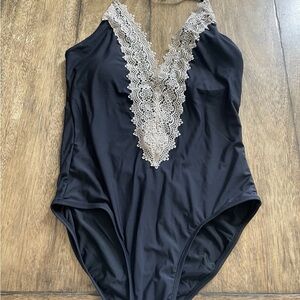 Anthropologie Black Lace Trim One Piece Swimsuit NWOT Allihop size M